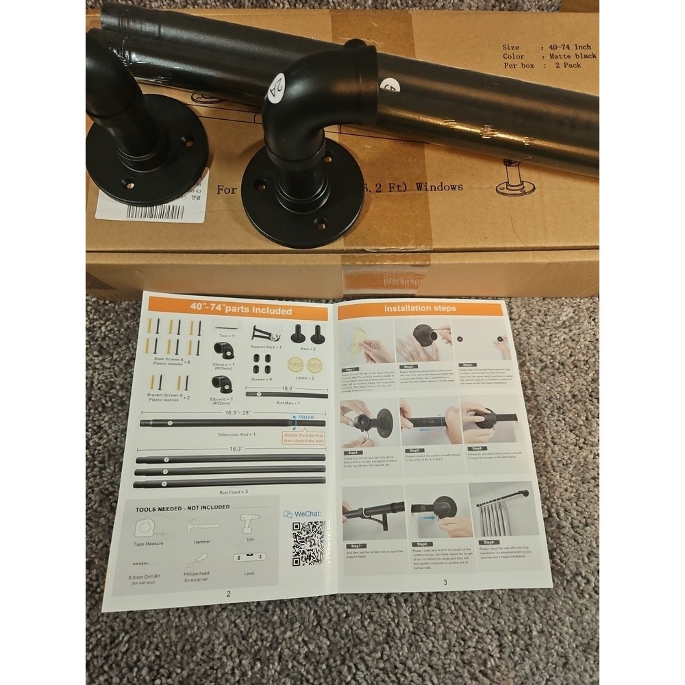 Industrial Window Curtain Rods 48" To 84". Black Rustic Pipe Rods. Set Of 2 New - Picture 7 of 7